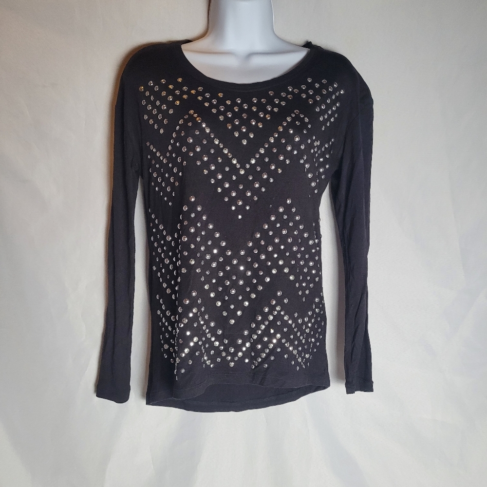 INC International Concepts Black Long Sleeve Studded Chevron Top Size PP 00P-0P